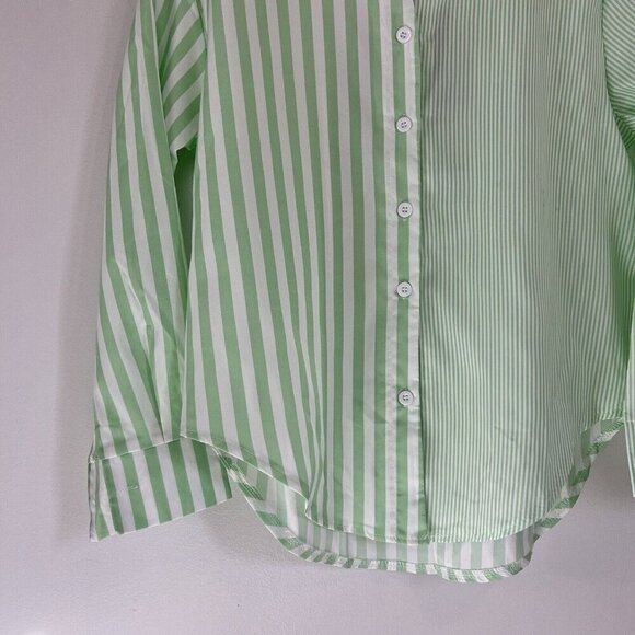 Women's Striped Button Down Shirt Size M Cropped Louse Fit Blouse Green White - Picture 15 of 16